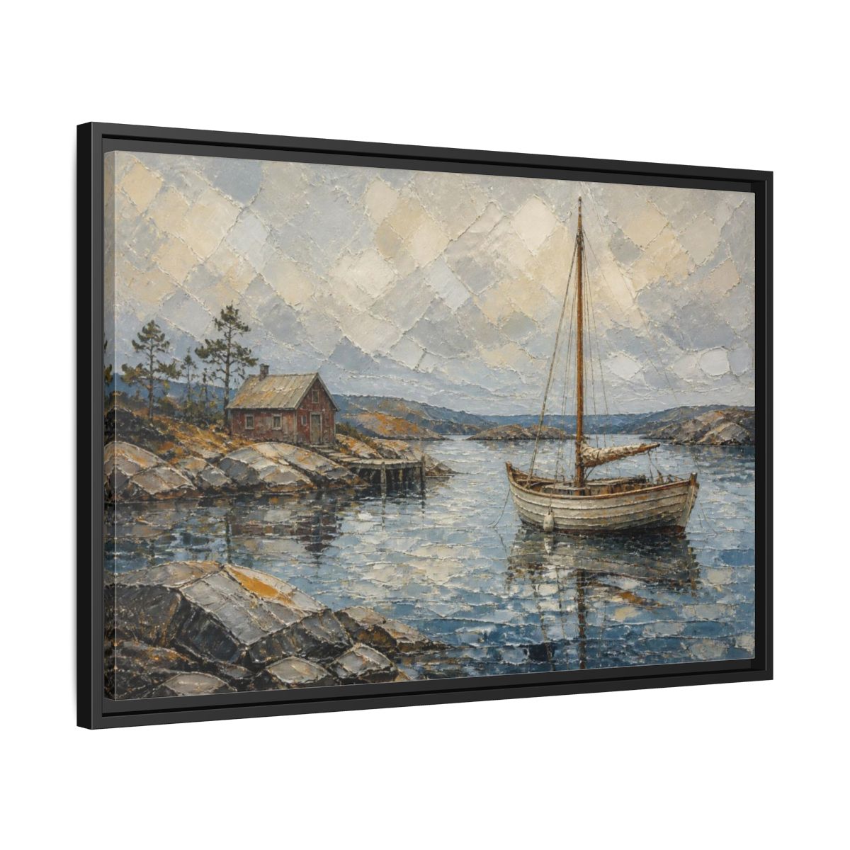 Side Mockup 14. Nordic Sailboat Inlet shown as framed canvas print