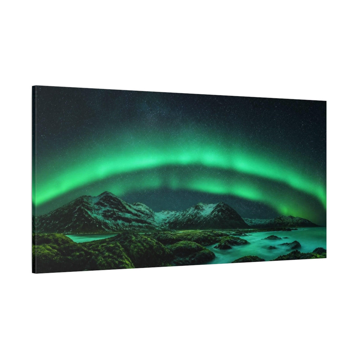 Side Mockup 2. Northern Lights Over Mountains shown as canvas print