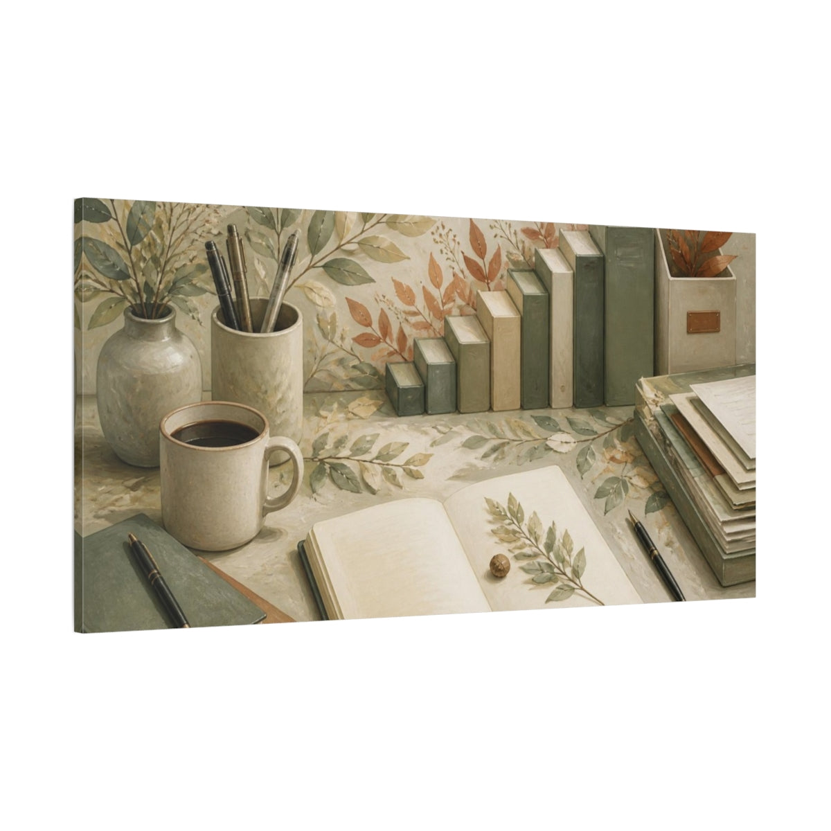 Side Mockup 2. Office Book And Leaves shown as canvas print