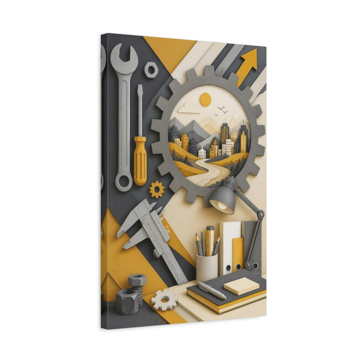 Side Mockup 3. Office Gear Cityscape shown as canvas print