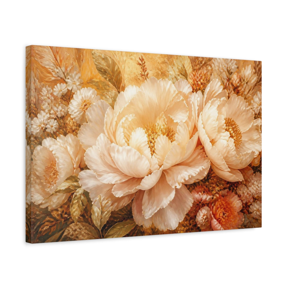 Side Mockup 3. Opulent Peach Peony Bloom shown as canvas print