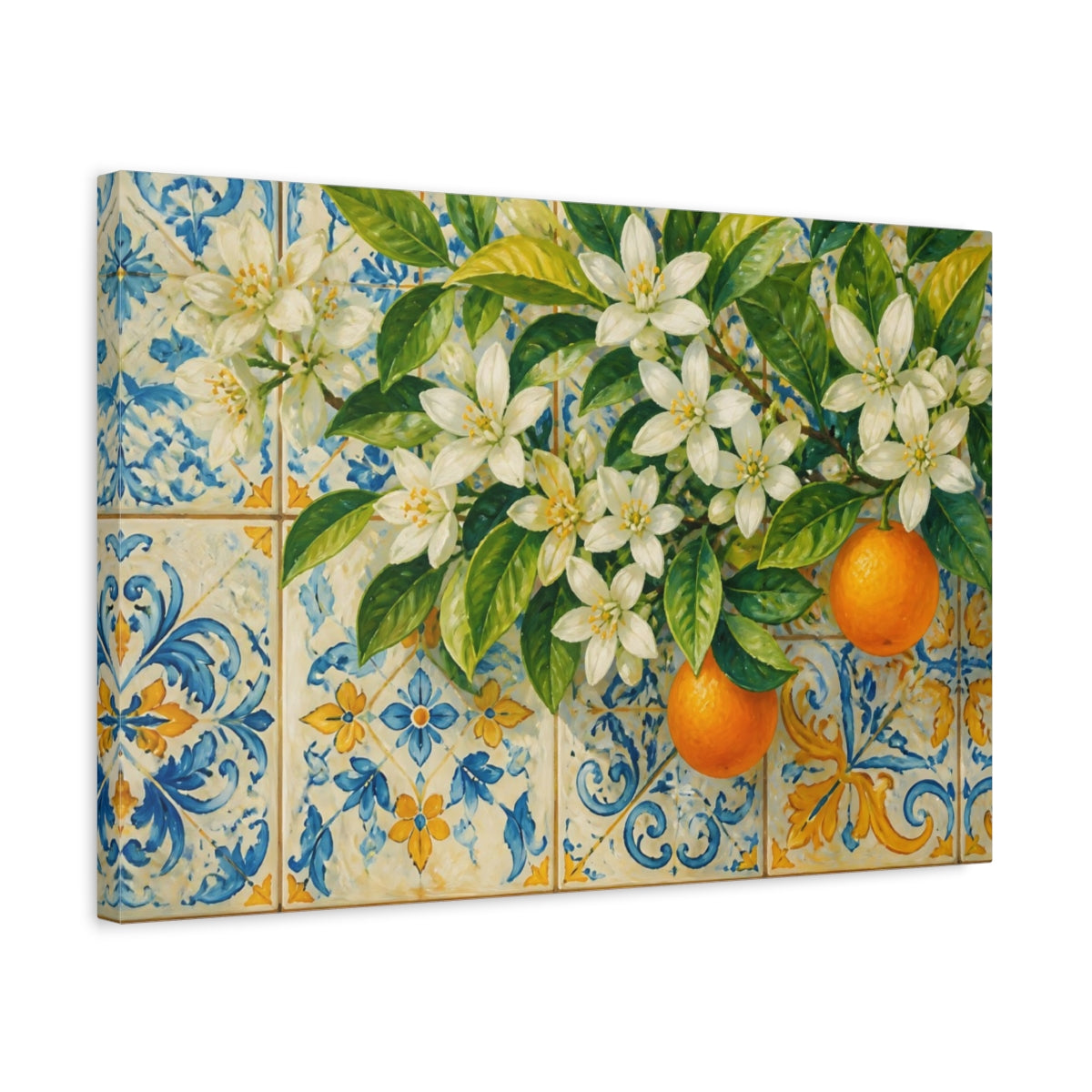 Side Mockup 3. Orange Blossom Tiles shown as canvas print