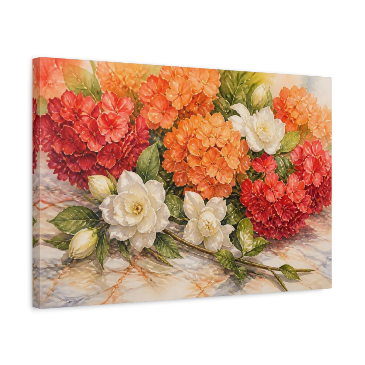 Side Mockup 3. Orange Hydrangea Flowers shown as canvas print