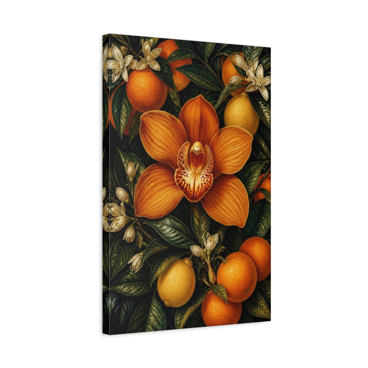 Side Mockup 3. Orange Orchid Flowers shown as canvas print