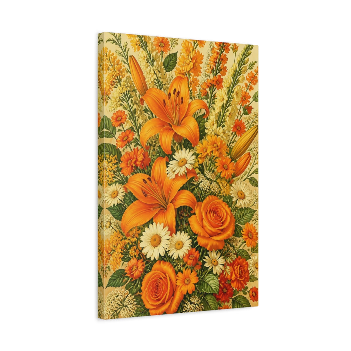 Side Mockup 3. Orange Summer Flowers shown as canvas print