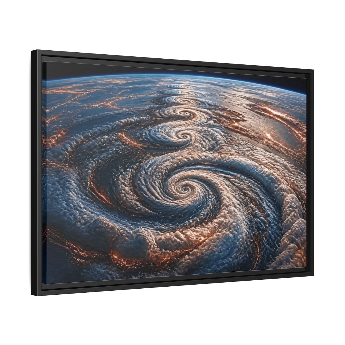 Side Mockup 14. Orbital Spiral Storm shown as framed canvas print