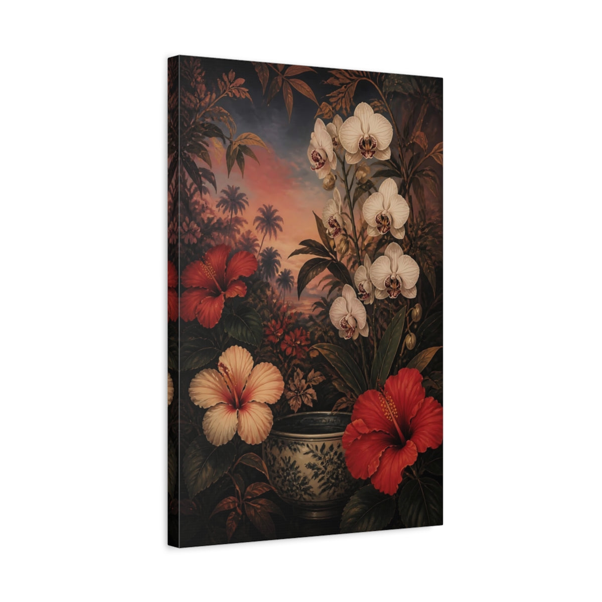 Side Mockup 3. Orchid And Hibiscus Flowers shown as canvas print