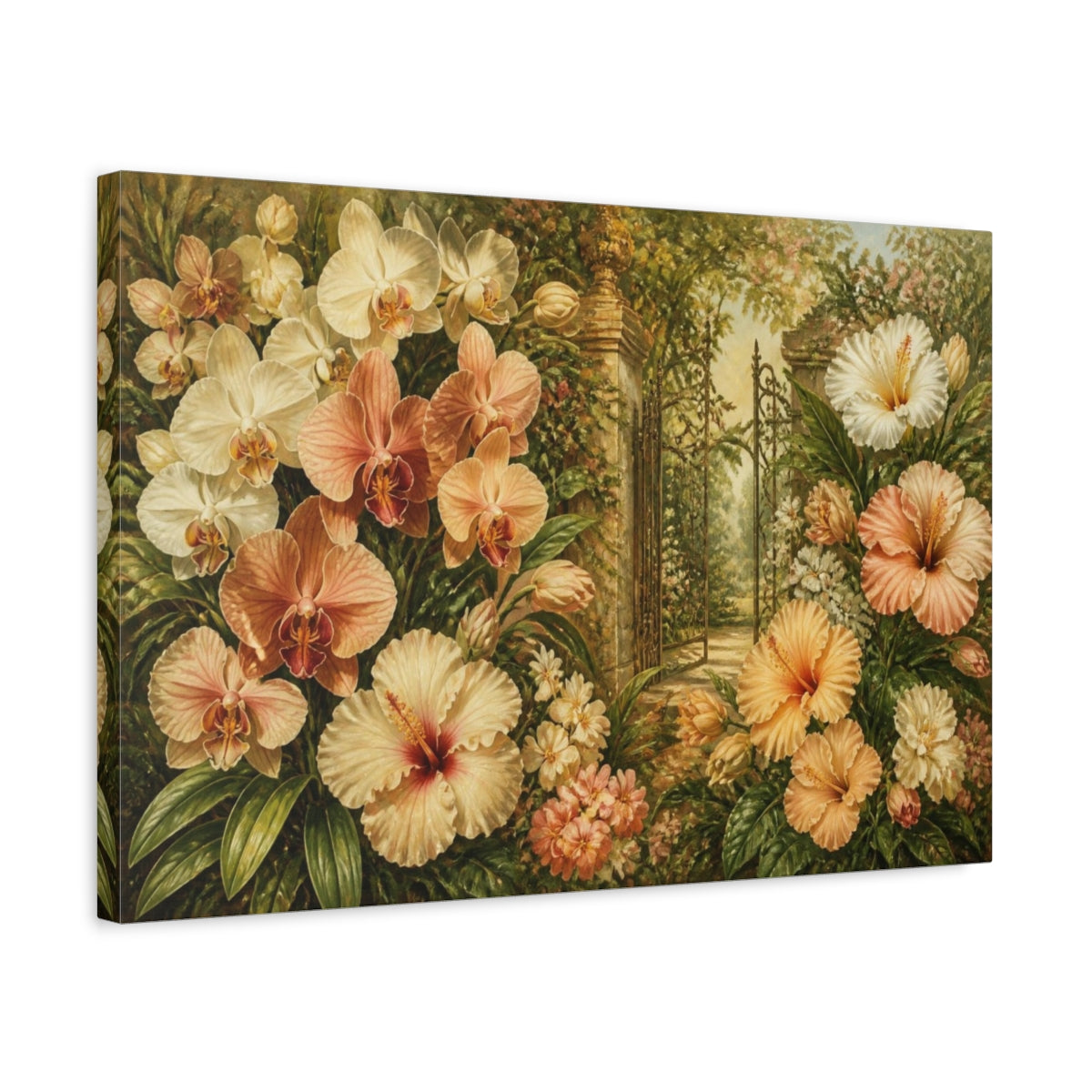 Side Mockup 3. Orchid Garden Flowers shown as canvas print