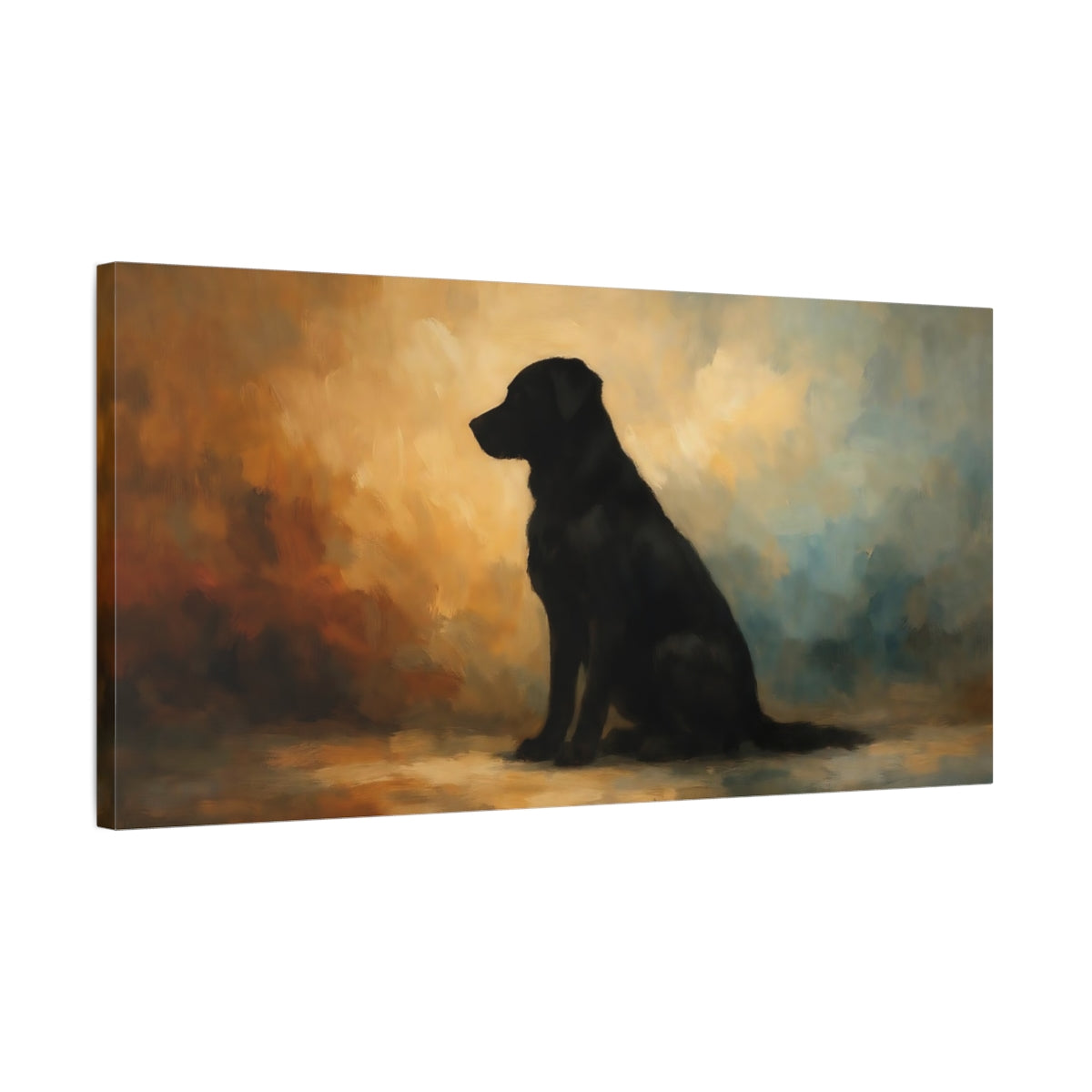 Side Mockup 2. Animals Black Dog Black Dog Portrait shown as stretched canvas wall art