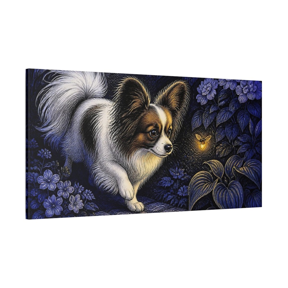 Papillon And Firefly Canvas Print – Living Room, Above Couch, Blue Gold - YesArtYes