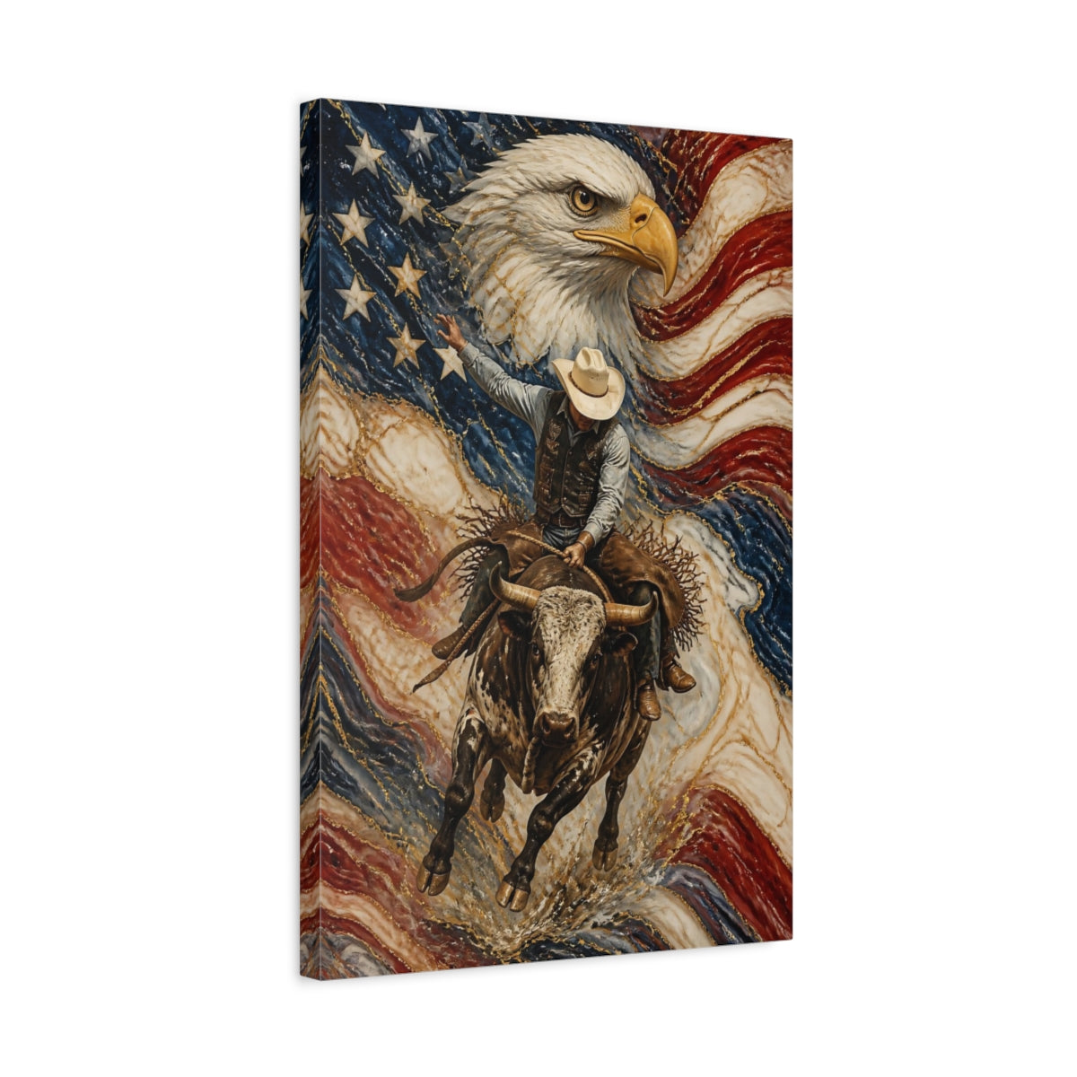 Side Mockup 3. Patriotic Rodeo Bull Rider shown as canvas print
