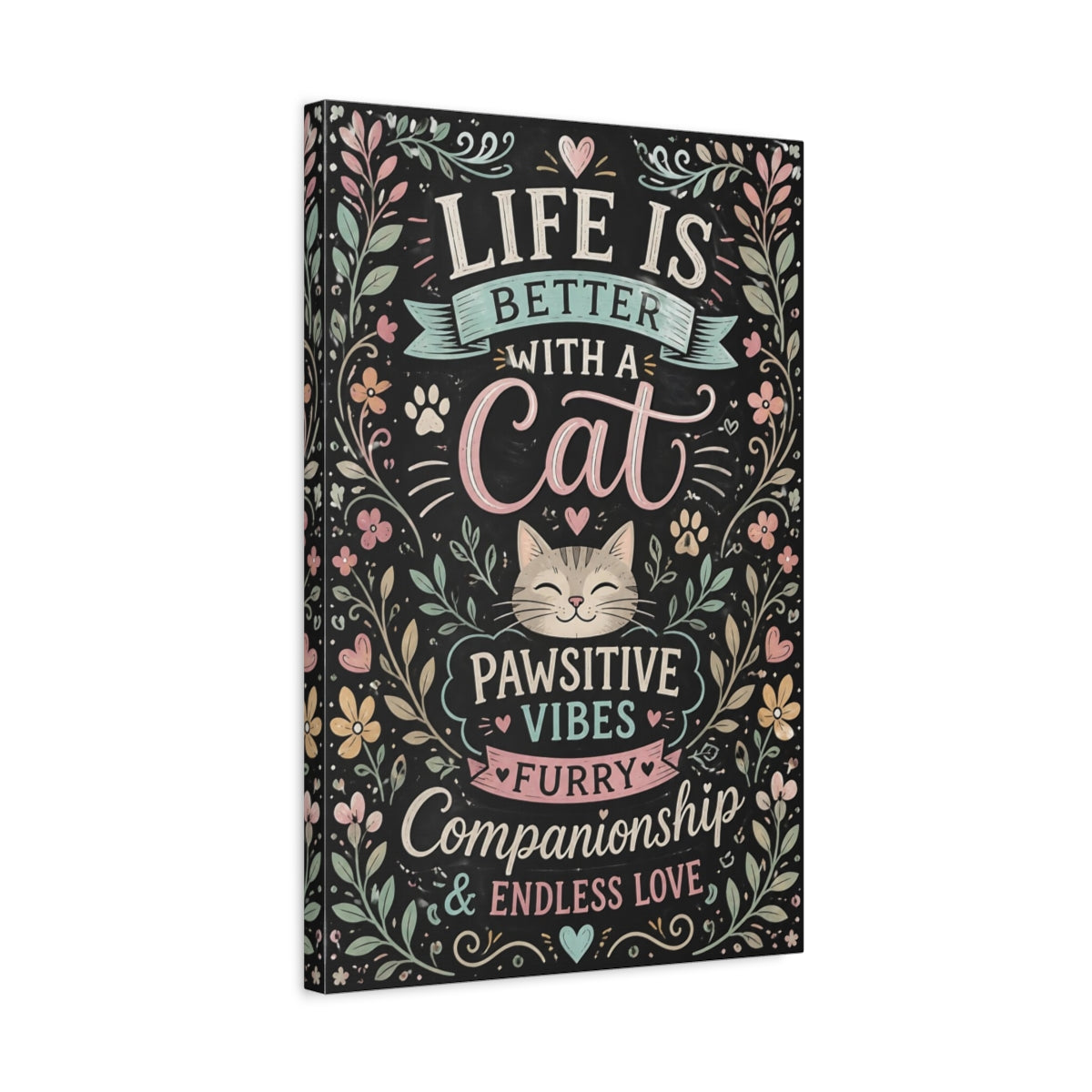 Side Mockup 3. Pawsitive Cat Quote shown as canvas print