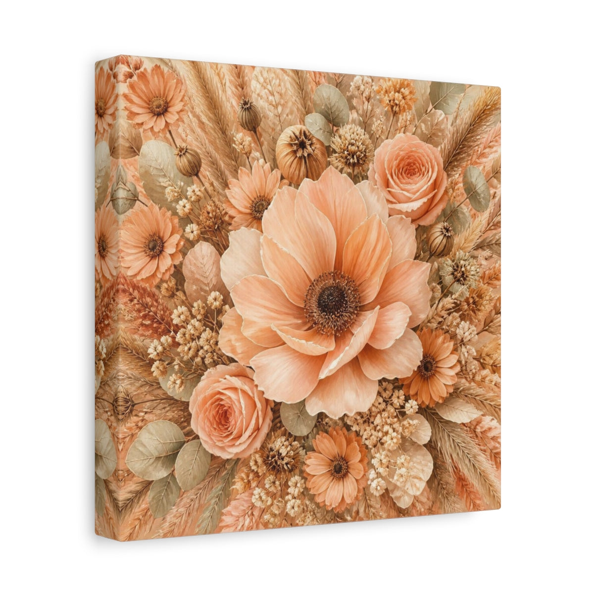 Side Mockup 9. Peach Floral Bouquet shown as canvas print