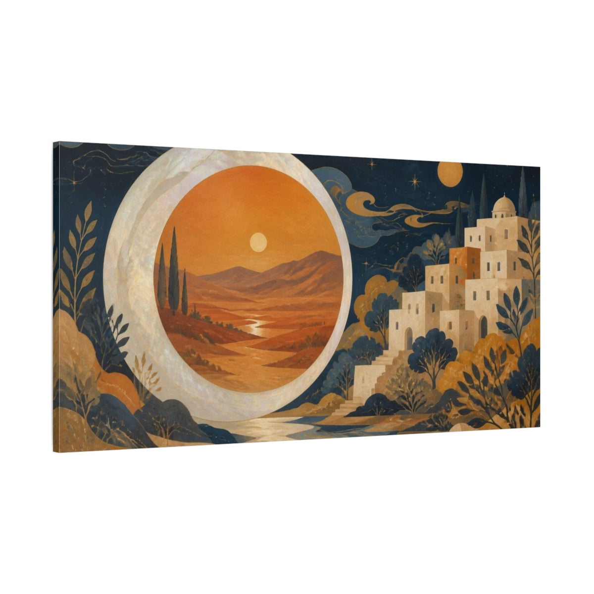 Side Mockup 2. Pearl Moon Desert Portal shown as canvas print