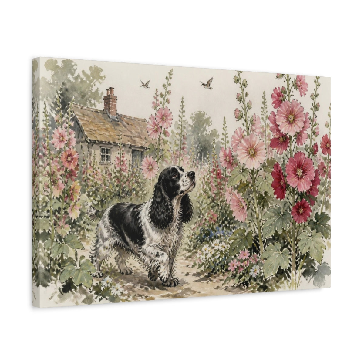 Side Mockup 3. Pet Cocker Spaniel Garden shown as canvas print