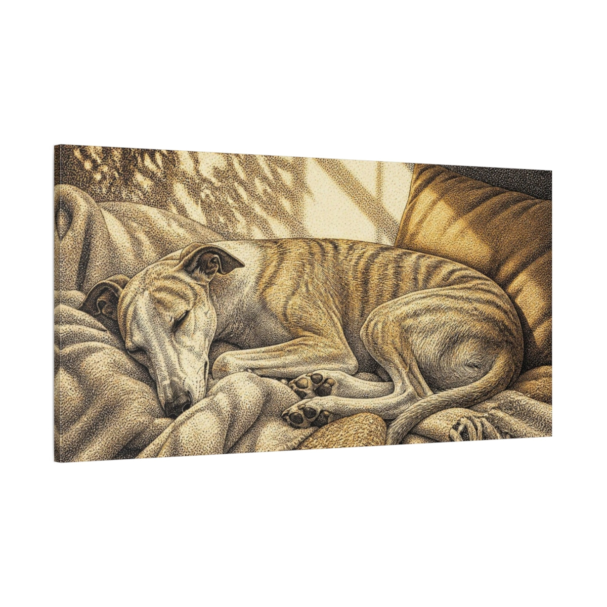 Side Mockup 2. Pet Whippet Sun Nap shown as canvas print