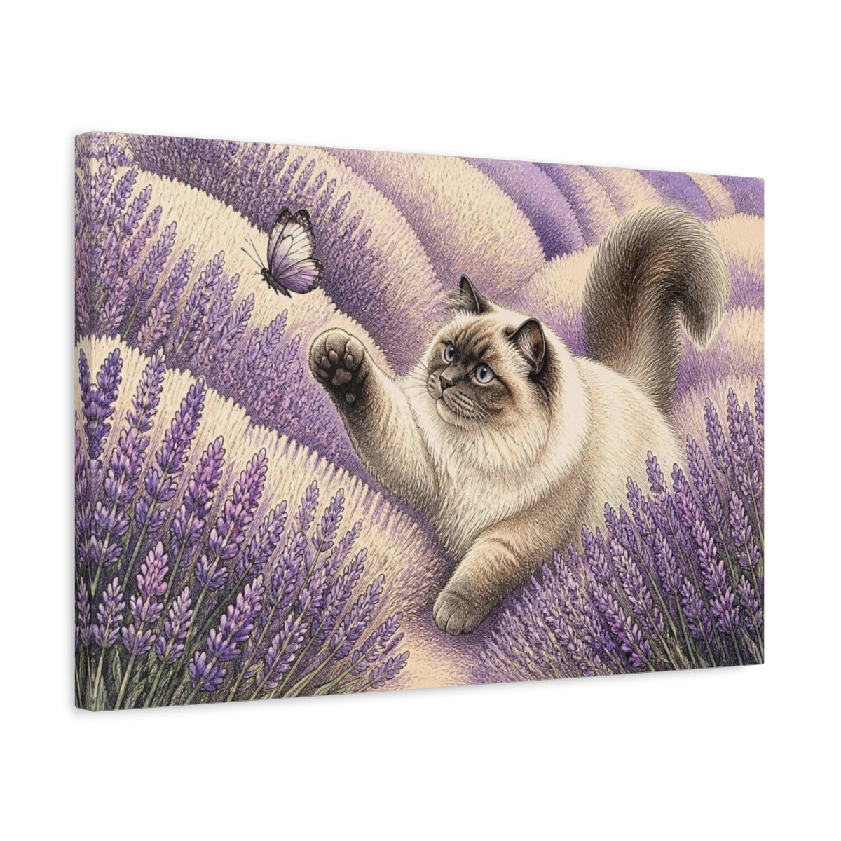Side Mockup 3. Pets Ragdoll Cat In Lavender shown as canvas print