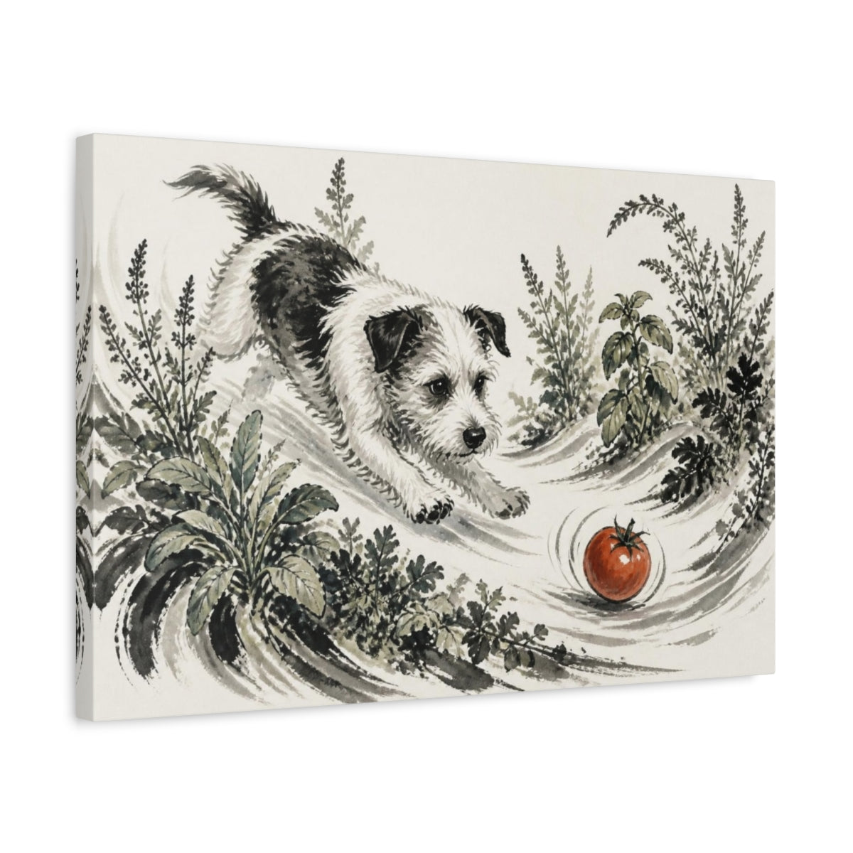 Side Mockup 3. Pets Terrier Chasing Tomato shown as canvas print