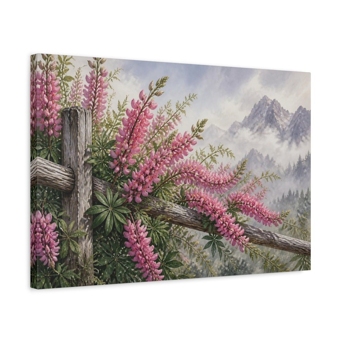 Side Mockup 3. Pink Lupines By Mountain Fence shown as canvas print