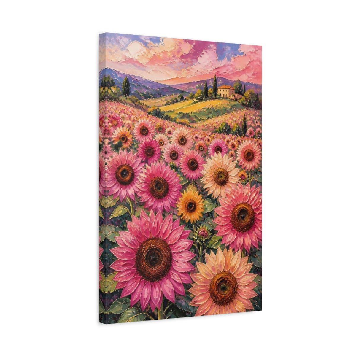 Side Mockup 3. Pink Sunflower Meadow shown as canvas print