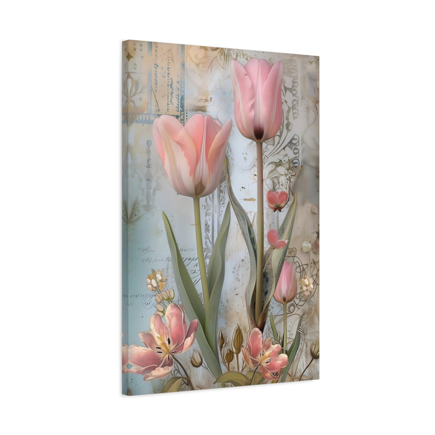 Pink Tulips Vintage Floral Canvas Wall Art Flowers Print - YesArtYes