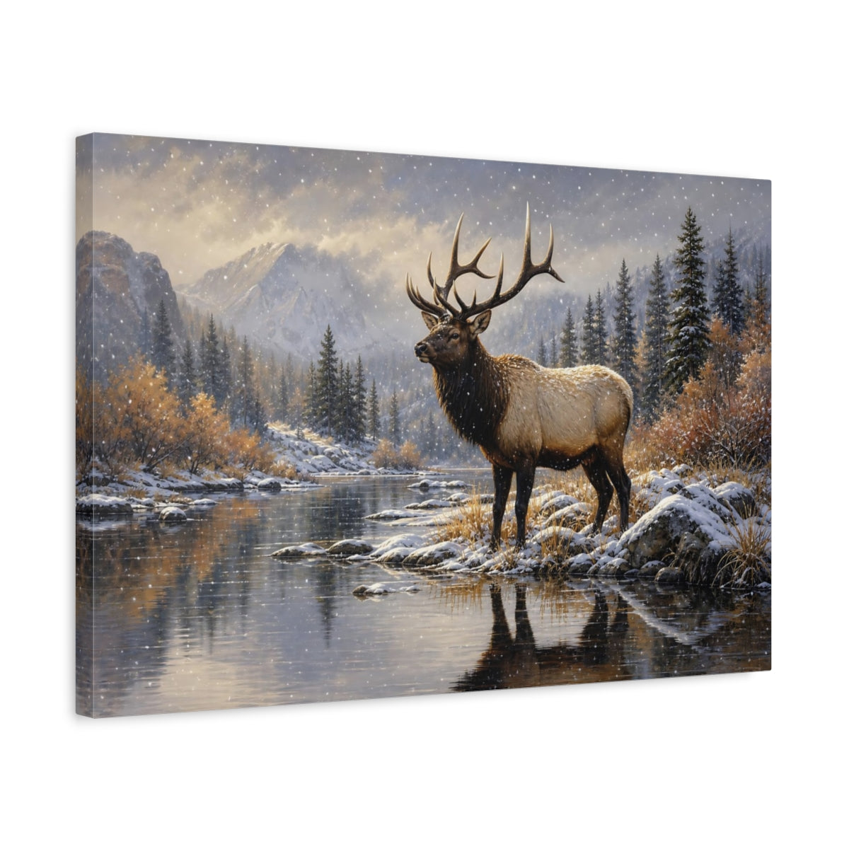 Side Mockup 3. Polished Gallery Realism Elk Bull In First Snow shown as stretched canvas wall art