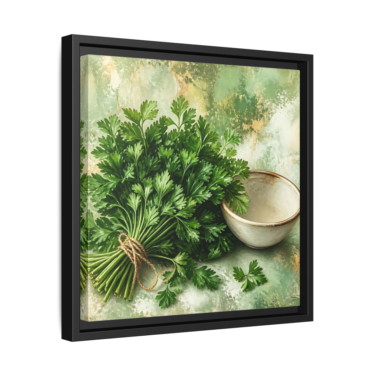 Side Mockup 32. Polished Gallery Realism Parsley Bunch Beside Ceramic Bowl shown as stretched canvas wall art