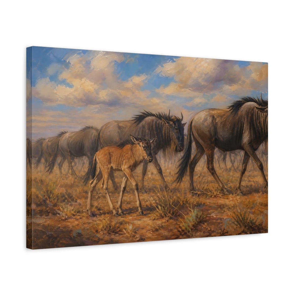 Side Mockup 3. Polished Gallery Realism Wildebeest Calf Beside Moving Herd shown as stretched canvas wall art