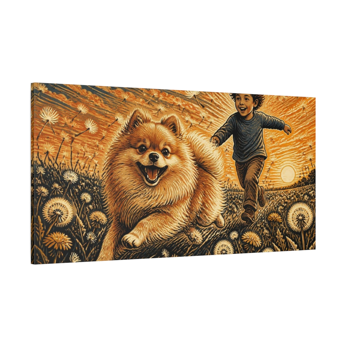 Side Mockup 2. Pomeranian Pets At Sunset shown as canvas print