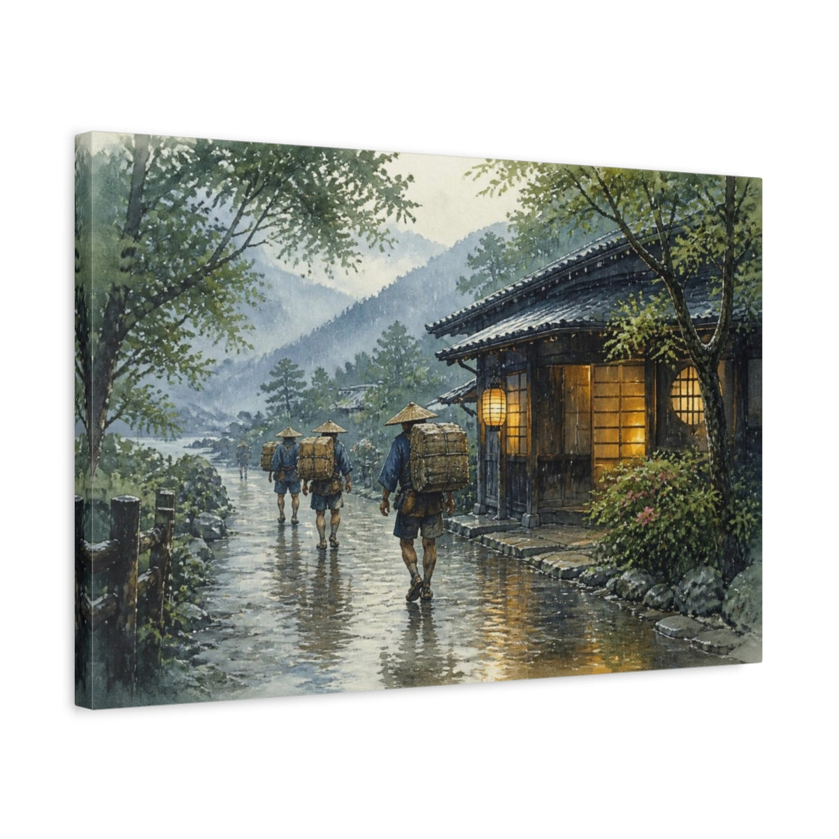 Side Mockup 3. Porters On Rainy Road shown as canvas print