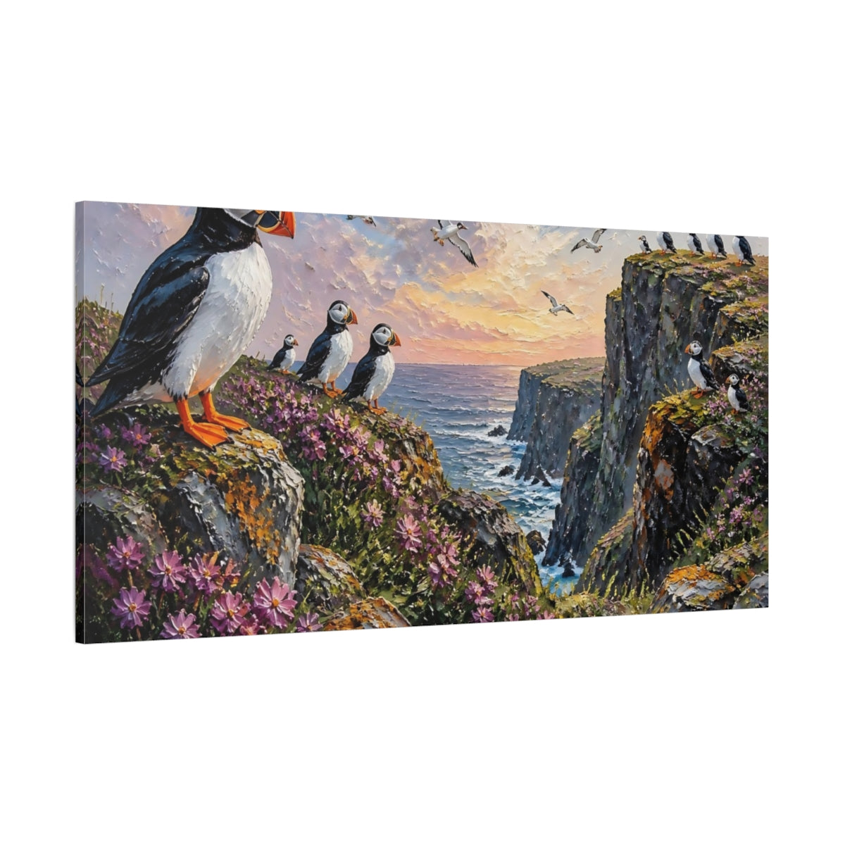 Side Mockup 2. Puffins On Sunset Cliffs shown as canvas print