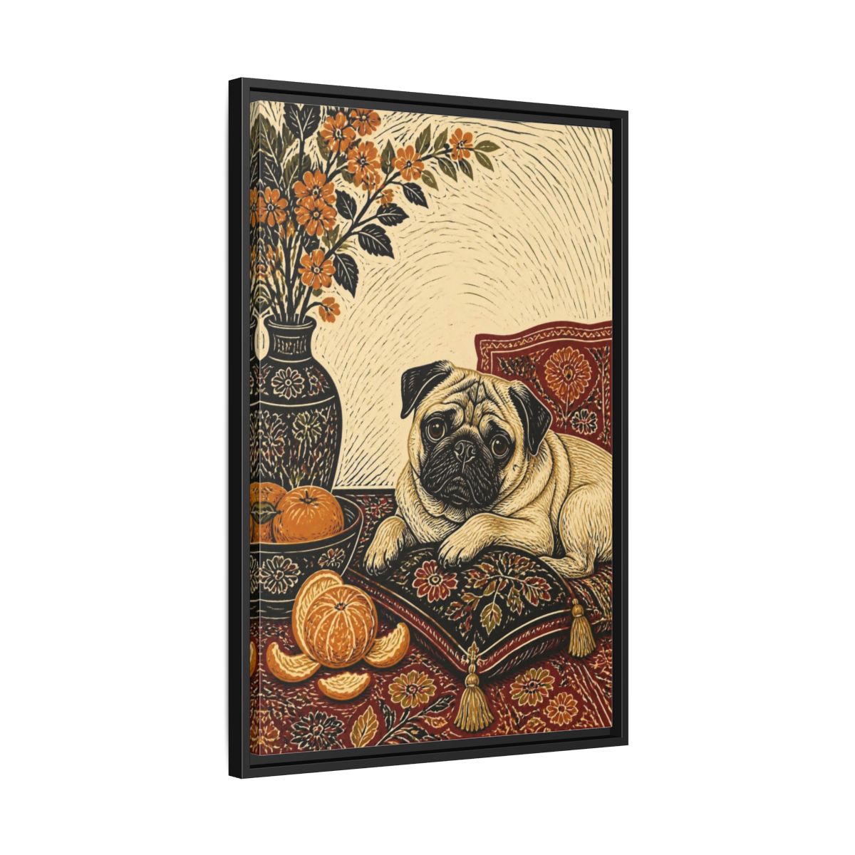 Side Mockup 14. Pug Pet Portrait shown as framed canvas print
