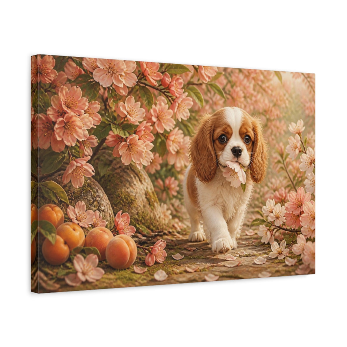 Side Mockup 3. Puppy Pets Apricot Blossom shown as canvas print