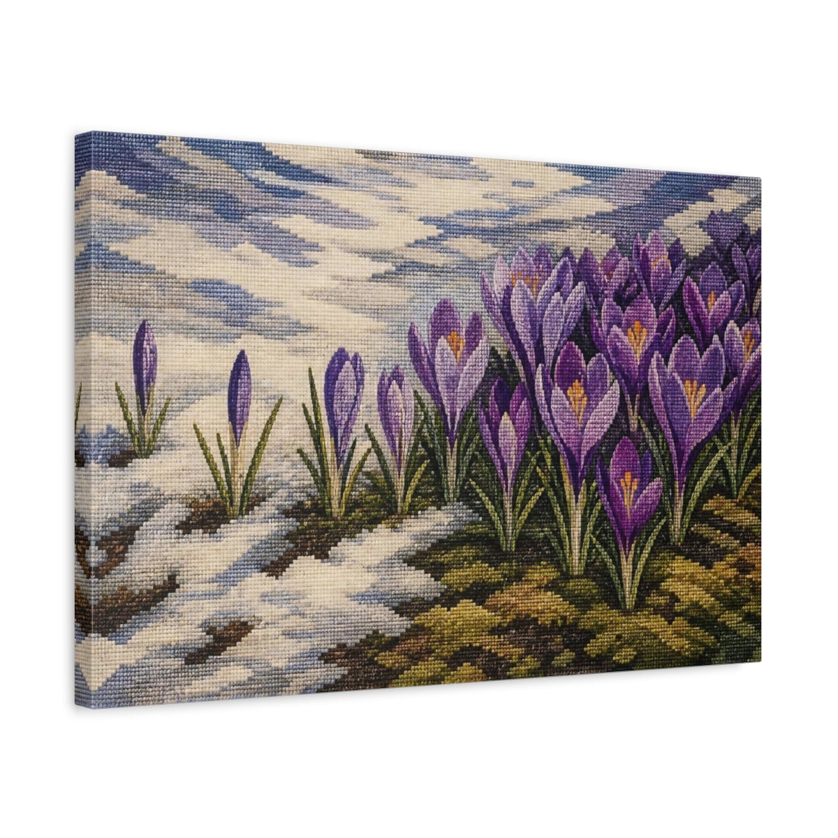 Side Mockup 3. Purple Crocus In Snow shown as canvas print