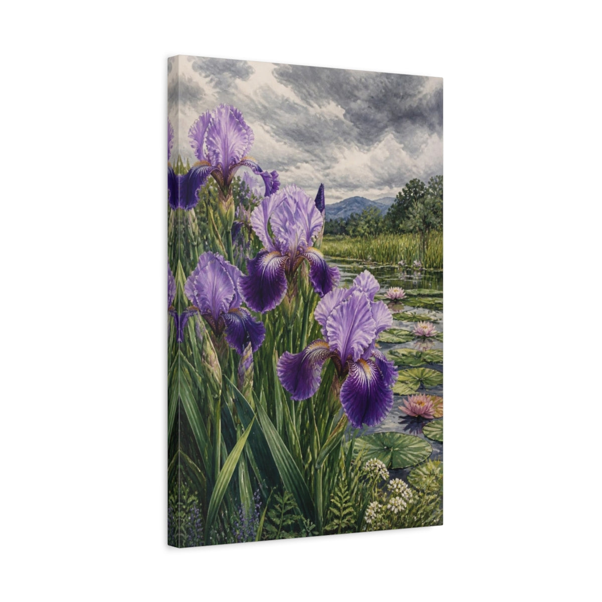 Side Mockup 3. Purple Iris Flowers By Pond shown as canvas print