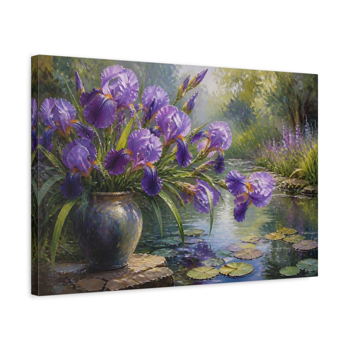 Side Mockup 3. Purple Iris Flowers shown as canvas print