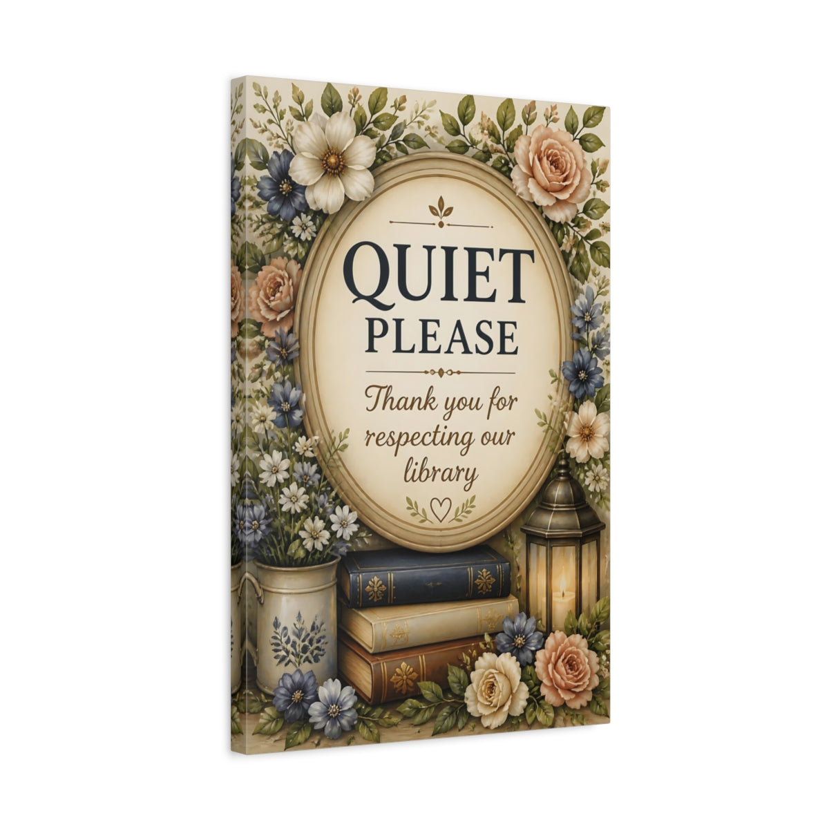 Side Mockup 3. Quiet Library Quote Sign shown as canvas print