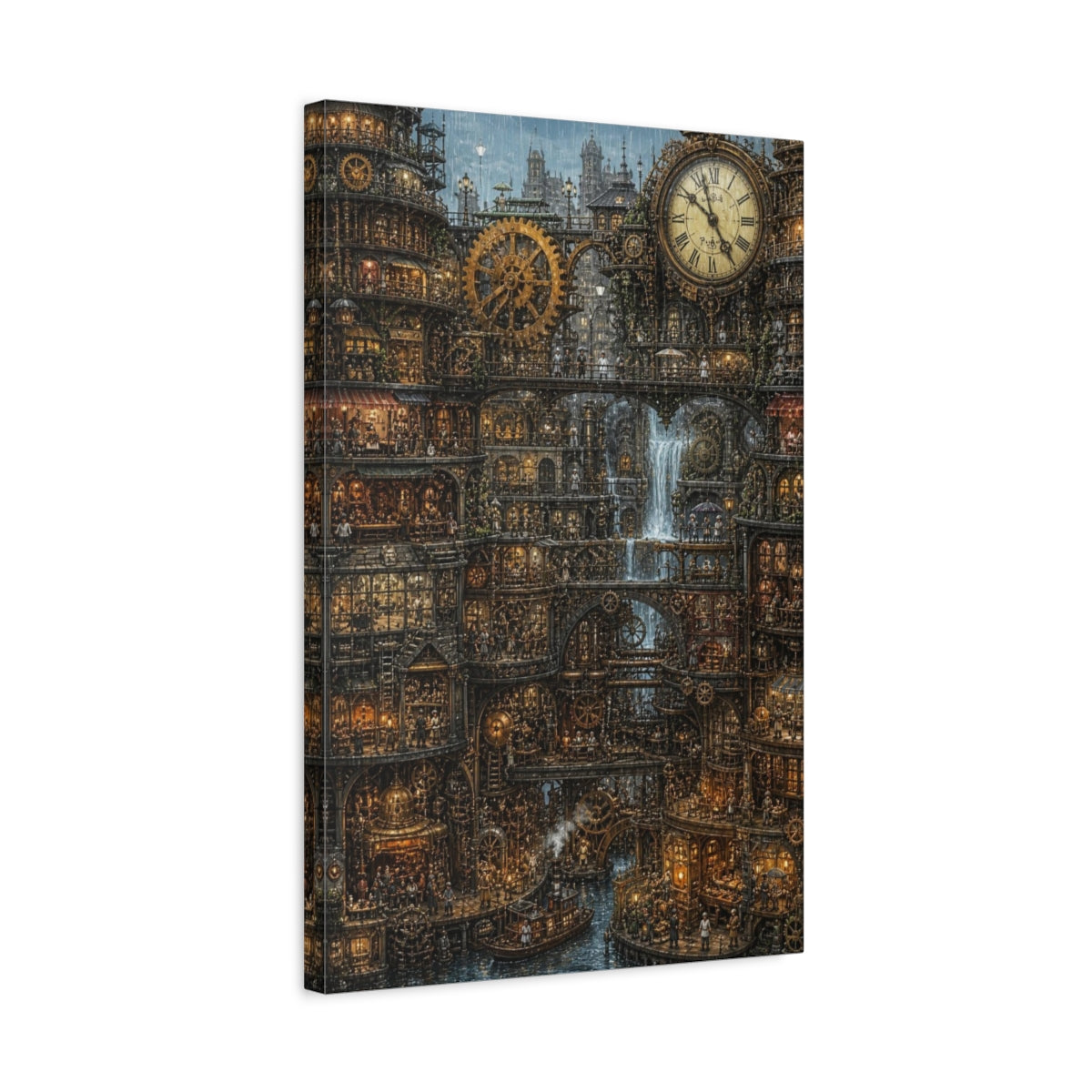 Side Mockup 3. Rainy Clockwork City shown as canvas print
