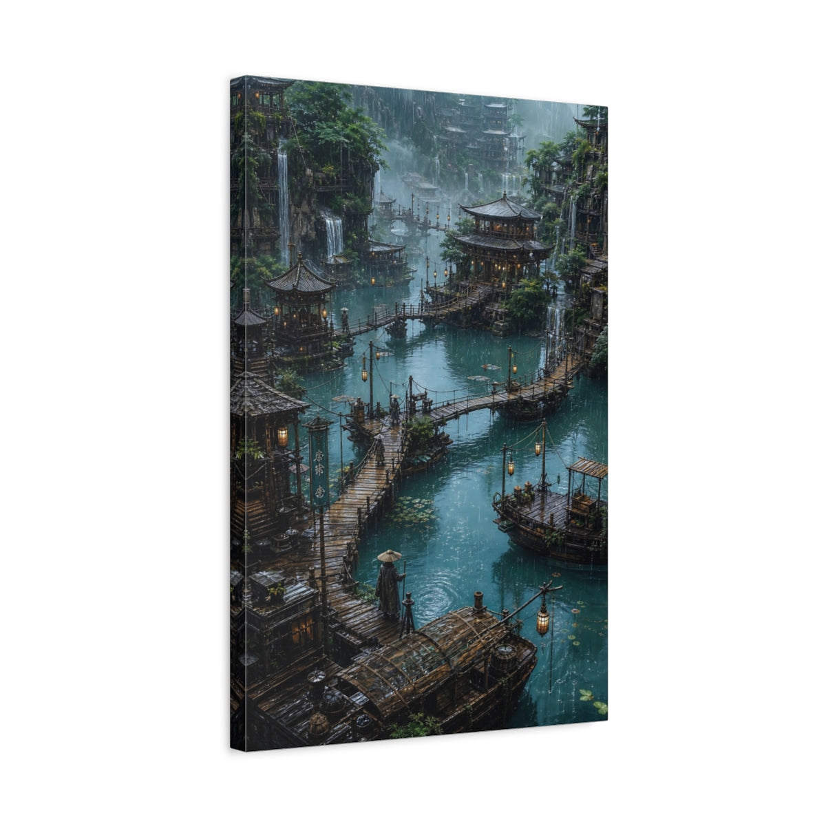 Side Mockup 3. Rainy Floating Village shown as canvas print