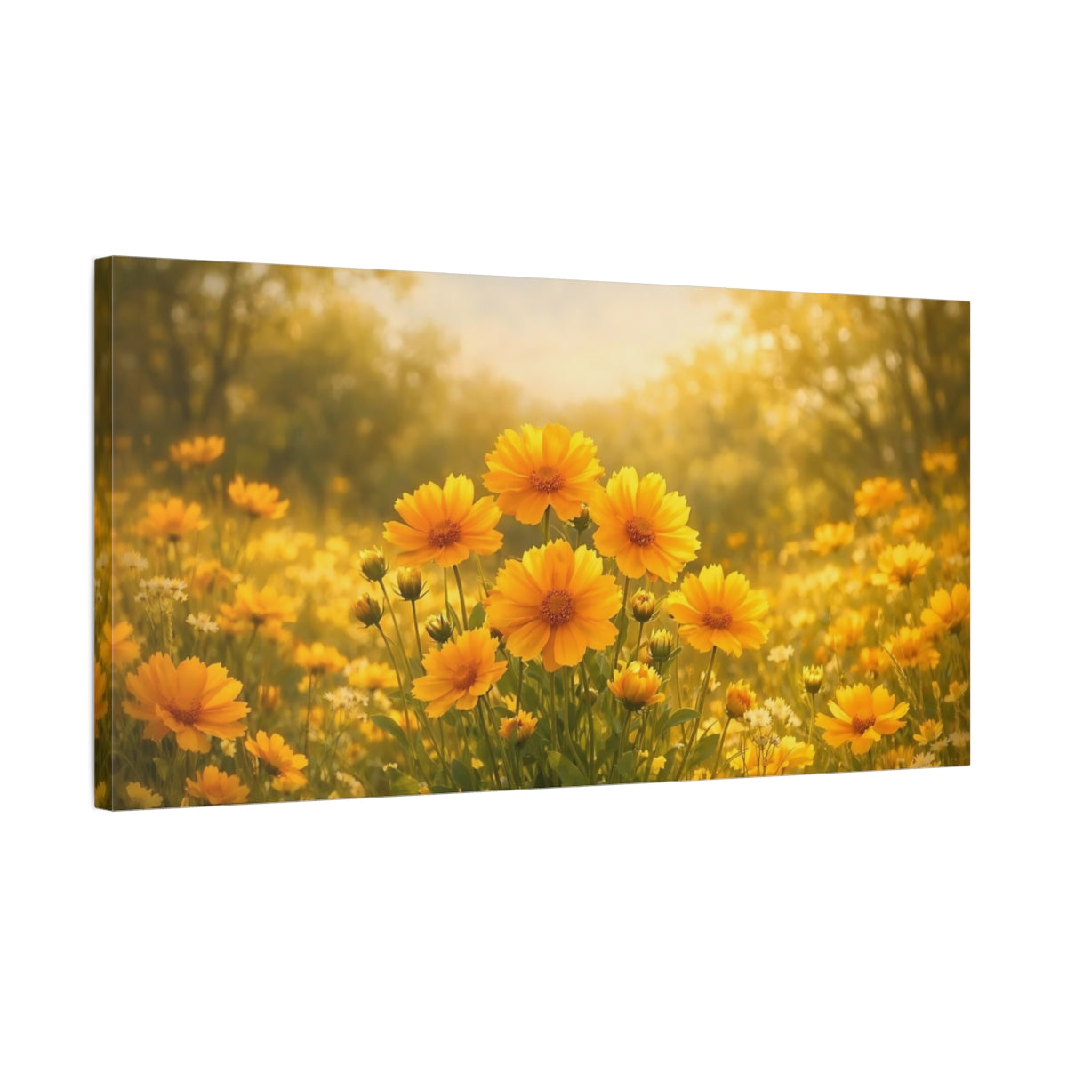 Side Mockup 2. Floral Yellow Flowers Yellow And Gold shown as stretched canvas wall art