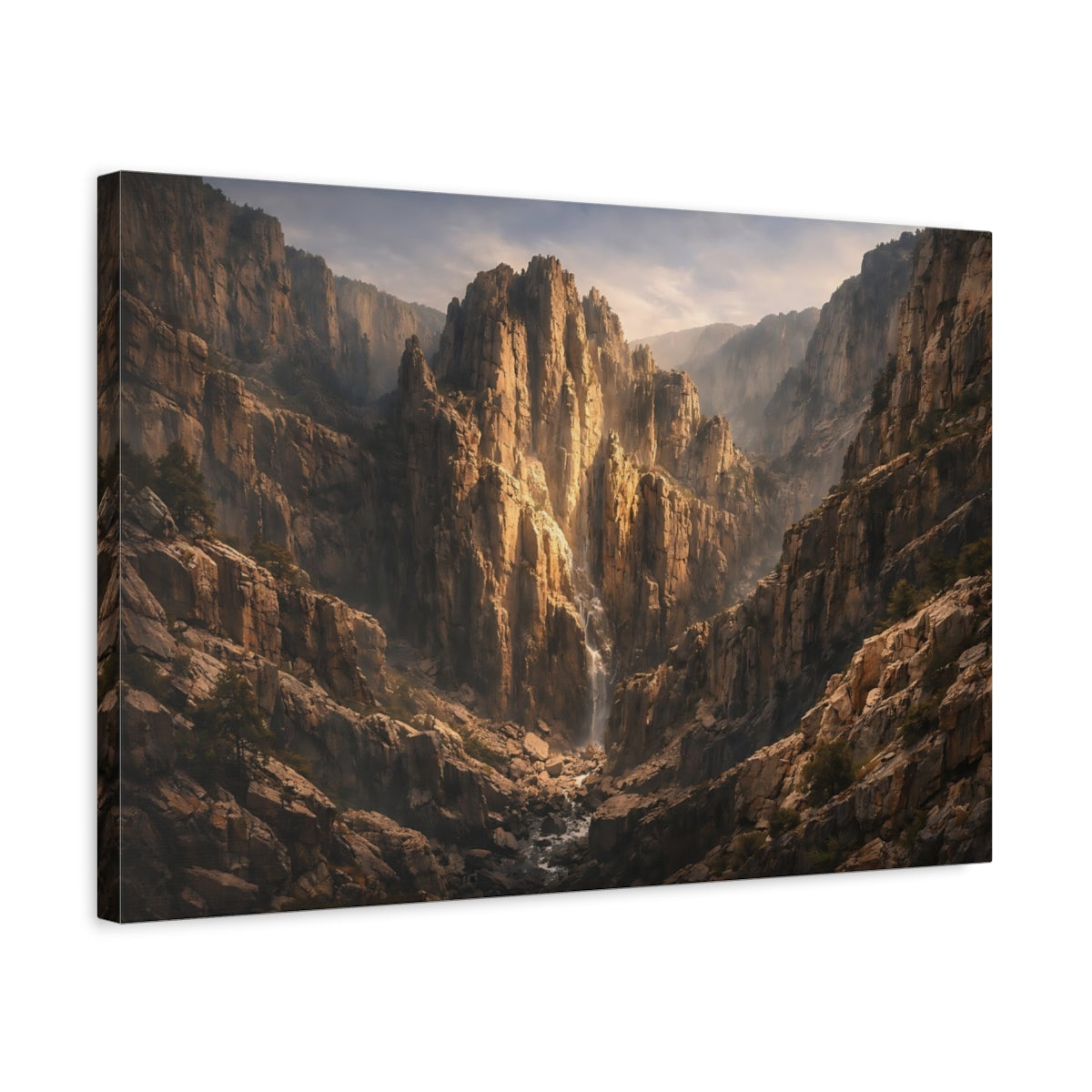 Side Mockup 3. Nature Mountain Waterfall Brown Gold Canyon shown as stretched canvas wall art