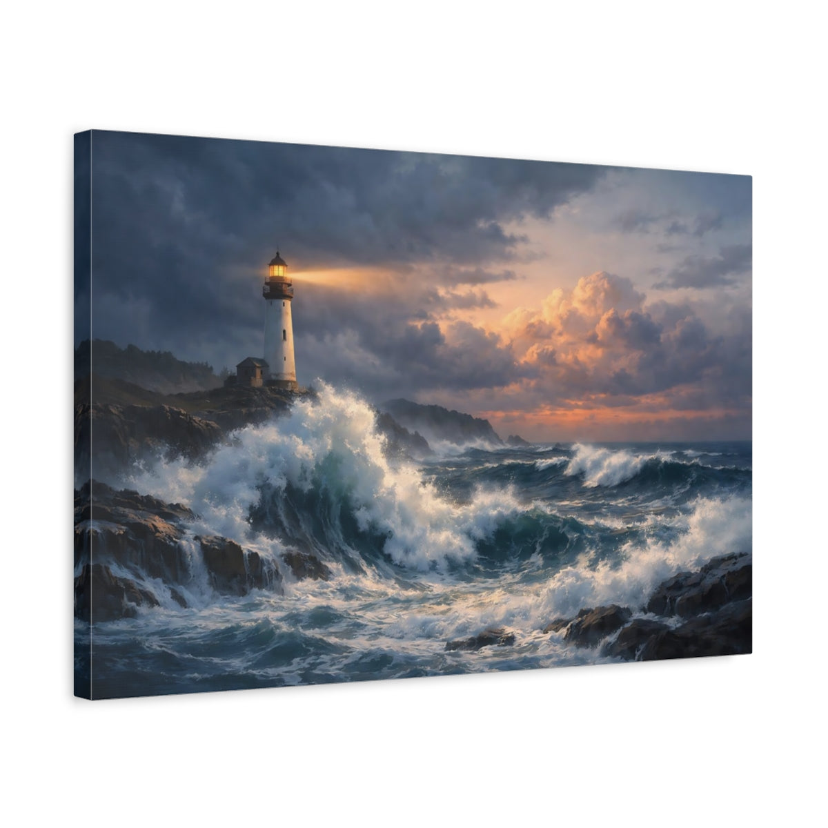 Side Mockup 3. Nature Lighthouse Lighthouse Seascape shown as stretched canvas wall art
