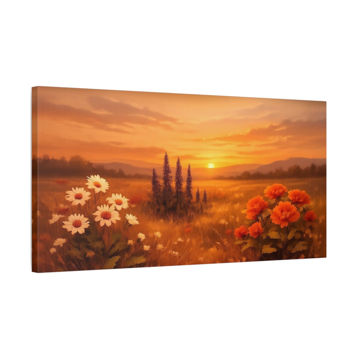 Side Mockup 2. Nature Sunset Field Orange Sunset Meadow shown as stretched canvas wall art
