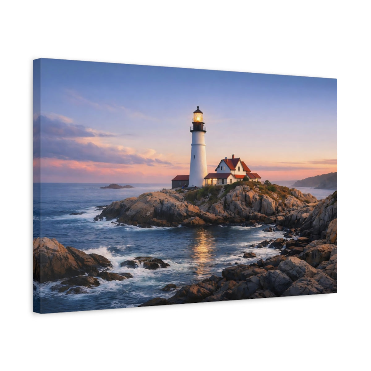 Side Mockup 3. Nature Lighthouse Lighthouse Coastal Sunset shown as stretched canvas wall art