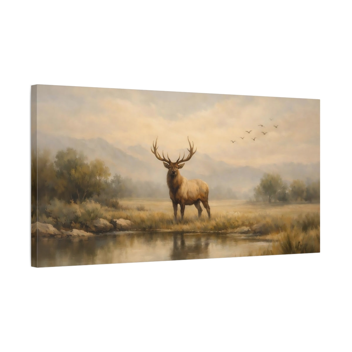 Side Mockup 2. Animals Elk Brown And Gold shown as stretched canvas wall art