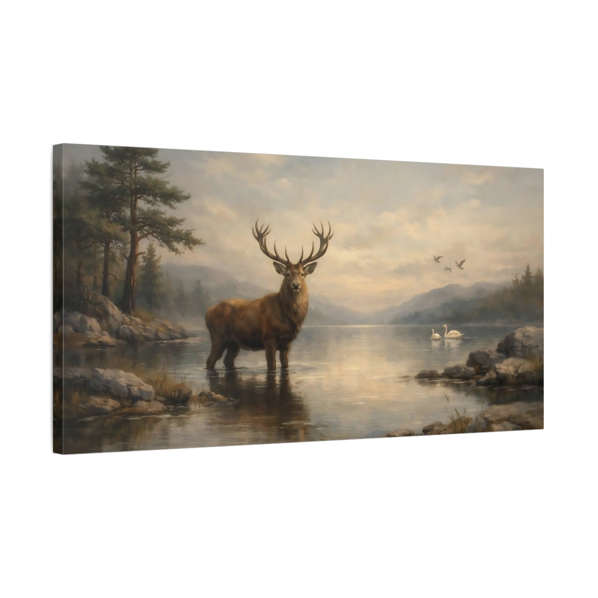 Side Mockup 2. Nature Majestic Stag Stag Lake Landscape shown as stretched canvas wall art