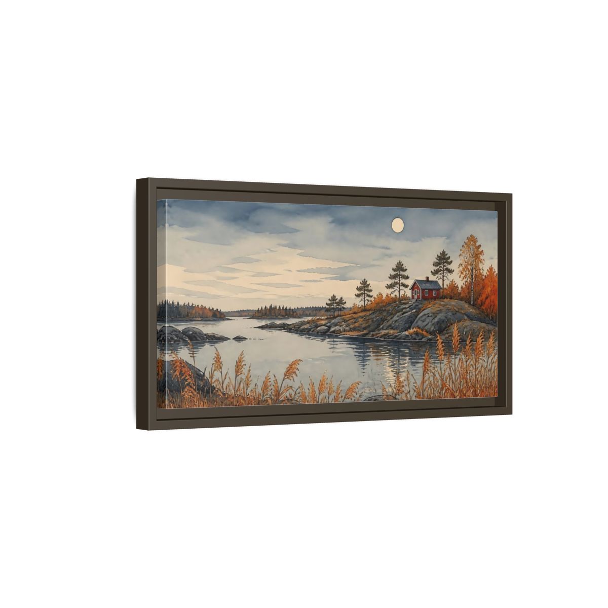 Side Mockup 7. Red Cabin On Rocky Shore shown as framed canvas print