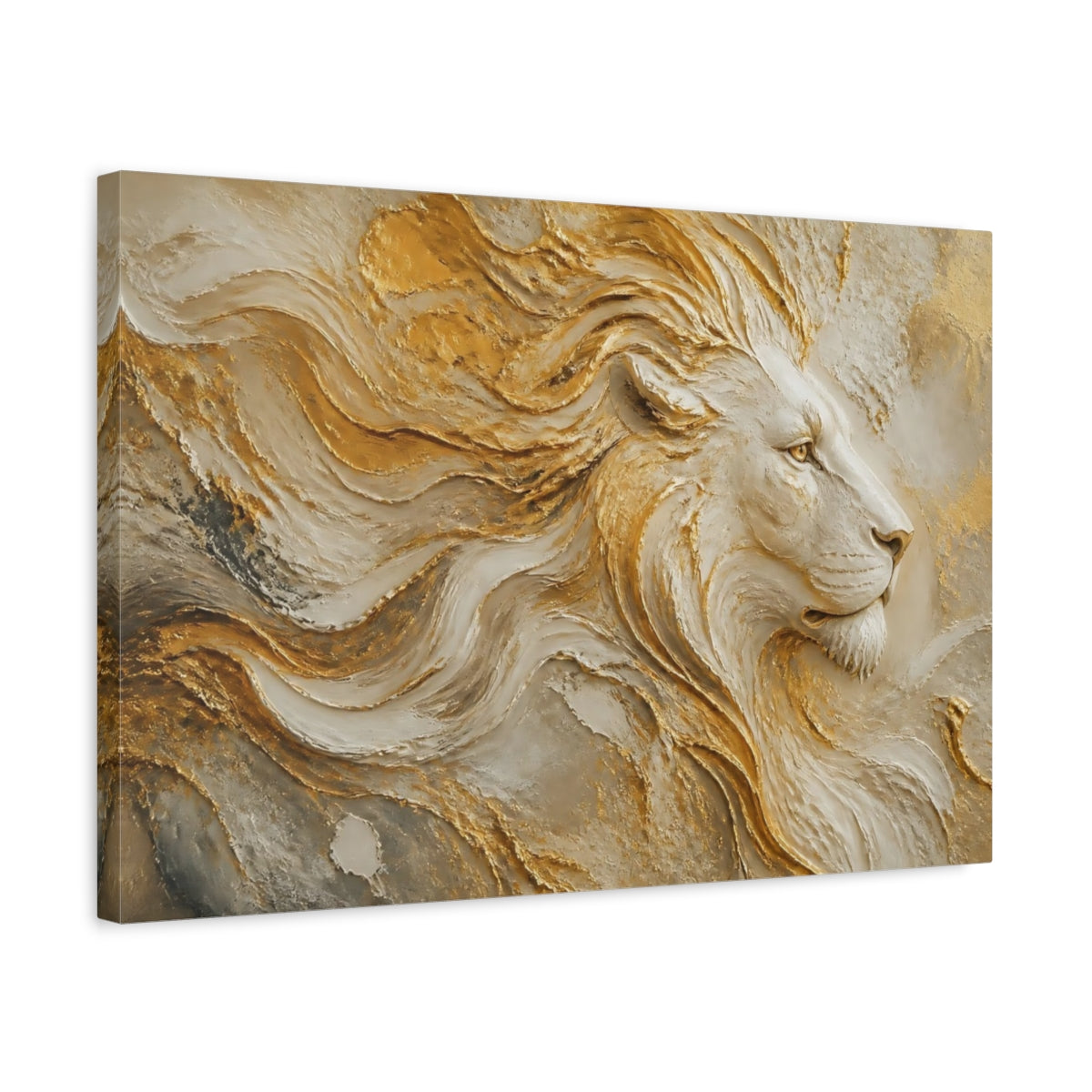 Side Mockup 3. Regal Gold Lion Relief shown as canvas print