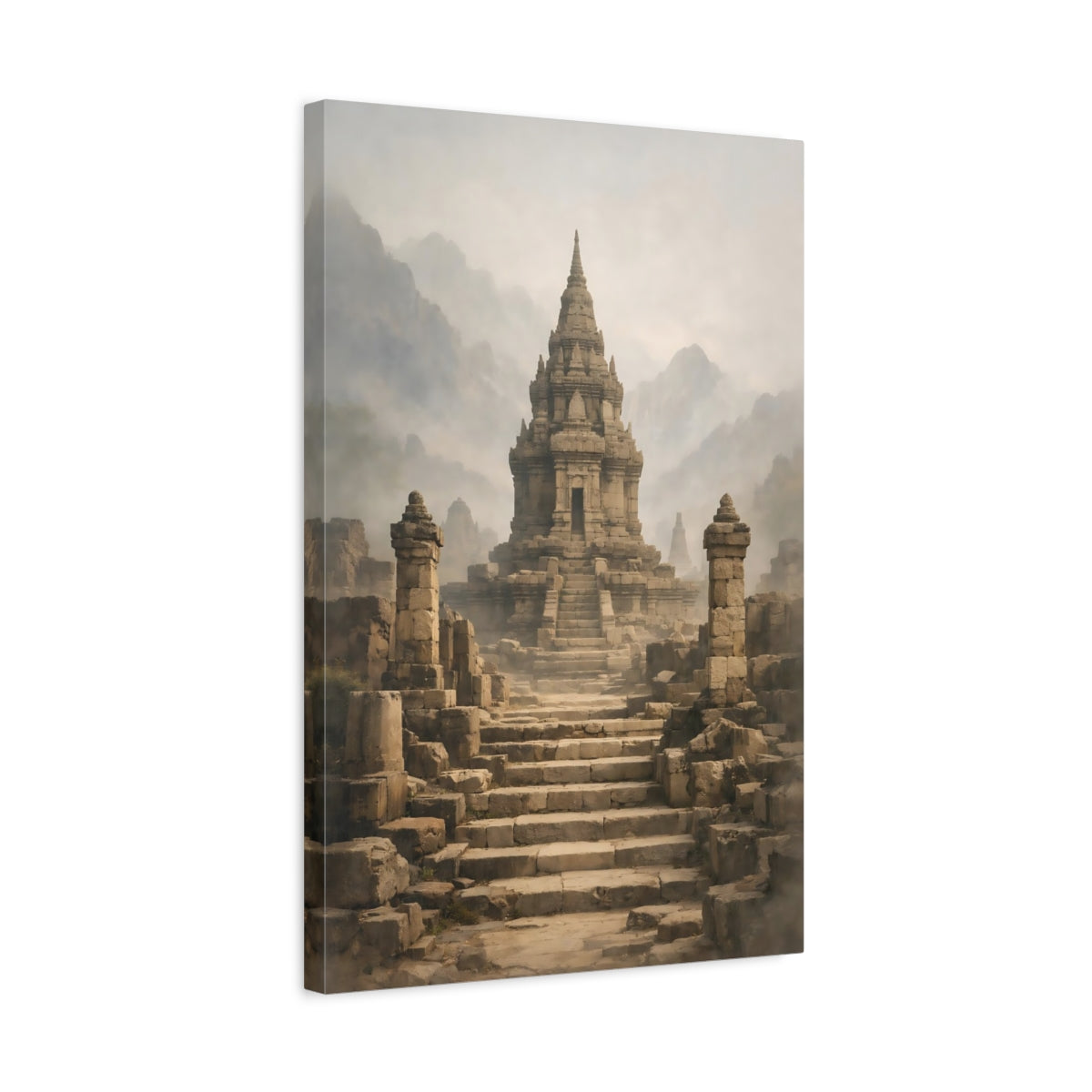 Side Mockup 3. Religious Ancient Temple Misty Stone Temple shown as stretched canvas wall art
