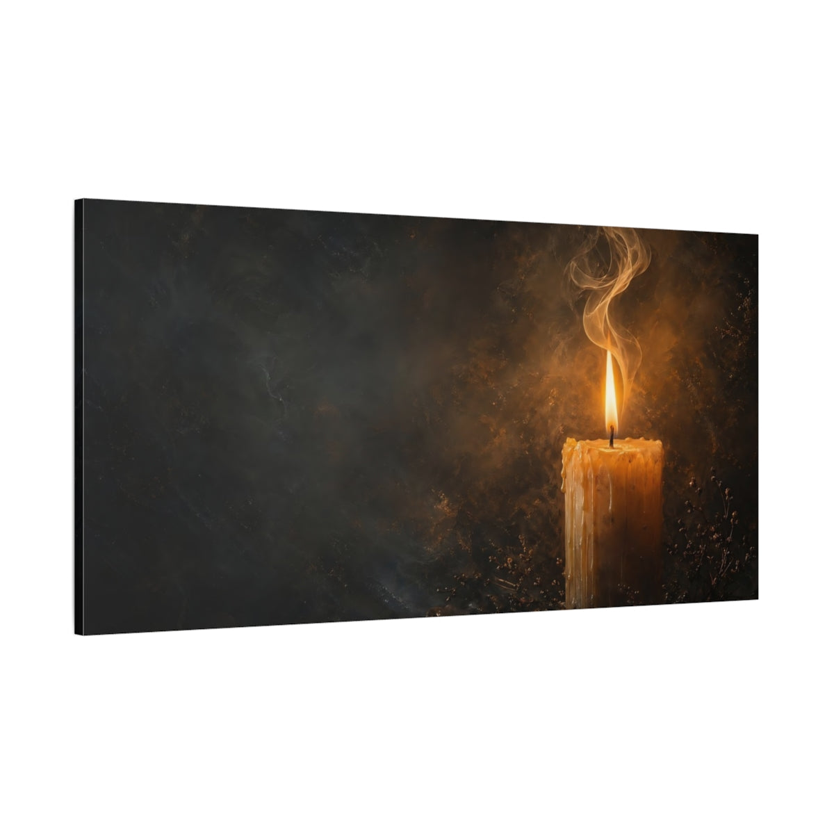 Side Mockup 2. Religious Candle Flame Dark Gold shown as stretched canvas wall art
